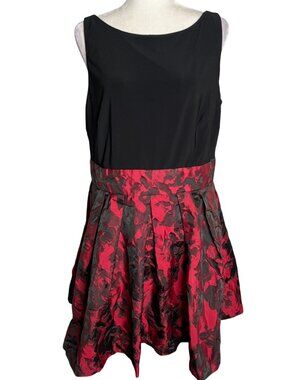 Lauren Ralph Lauren Fit Flare Cocktail Dress 16P Black Red Floral Zip Pockets